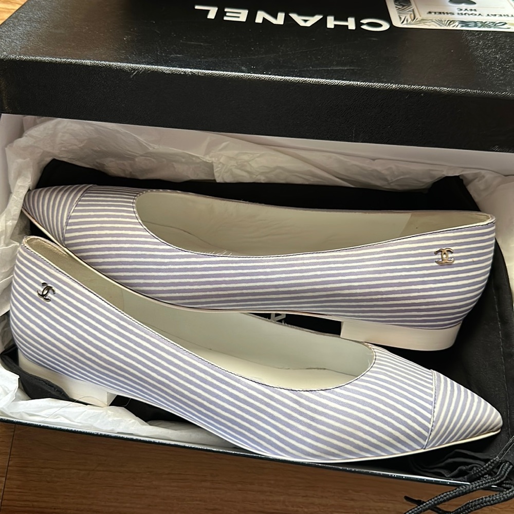 - chanel ballerina flats blue white stripes sailor new 41